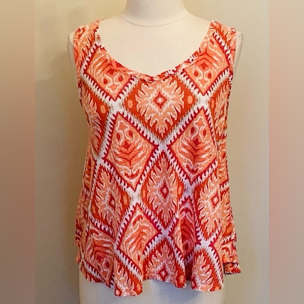Gap Orange White Ikat Print SZ S Boho Chic Tribal Geo Retro Indie Bohemian Top
